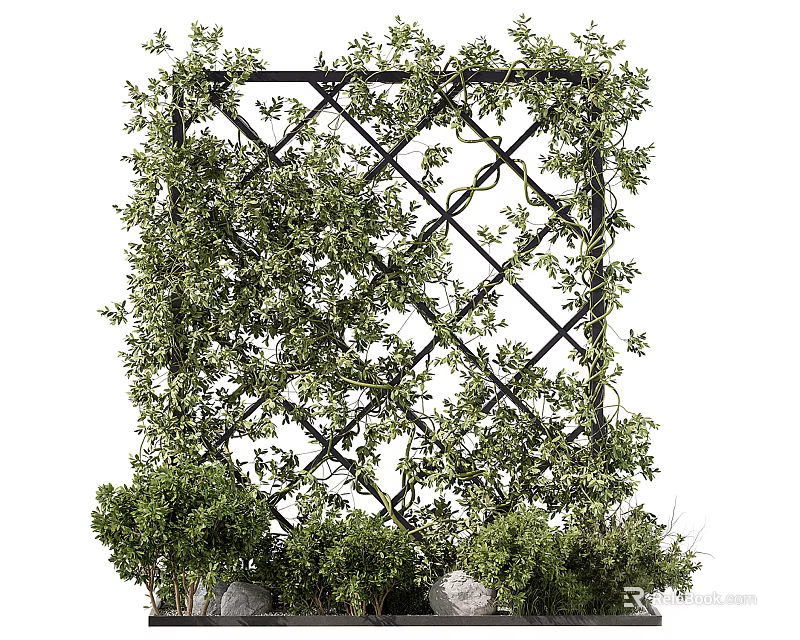 Lush Green Vines Growing On Decorative Metal Trellis With Surrounding Plants And Stones 3d model 