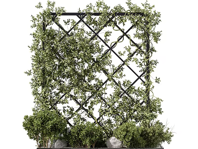 Lush Green Vines Growing On Decorative Metal Trellis With Surrounding Plants And Stones 3d model