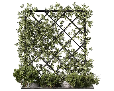 Lush Green Vines Growing On Decorative Metal Trellis With Surrounding Plants And Stones 3d model