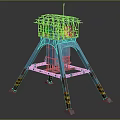 Blue Industrial Tower With Metal Frame Platform Yellow Wheels And Black Yellow Striped Legs