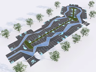 Organized Road Facilities Layout With Multiple Parking Lots Landscaped Green Belts And Trees 3d model