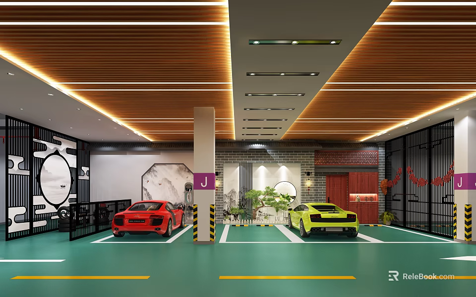Stylish Indoor Parking Garage With Red Yellow Sports Cars Green Flooring Wooden Ceiling And Lighting 3d model 