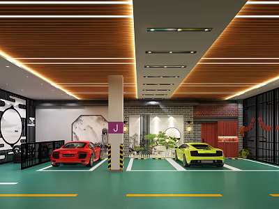 Stylish Indoor Parking Garage With Red Yellow Sports Cars Green Flooring Wooden Ceiling And Lighting 3d model