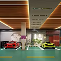 Stylish Indoor Parking Garage With Red Yellow Sports Cars Green Flooring Wooden Ceiling And Lighting