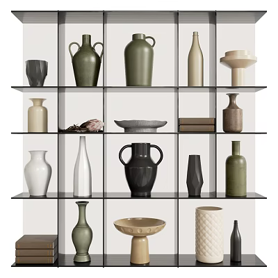 Decorative Ceramic Vessels Displayed On Shelves In Various Shapes And Earthy Tones 3d model