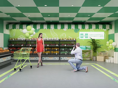 Supermarket Interior with Fresh Fruit Vegetable Shelves Shopping Cart Balloons and Customers 3d model