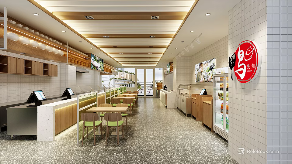 Modern Restaurant Interior Design With Wooden Ceiling White Counter Green Chairs And Display Cabinets 3d model 
