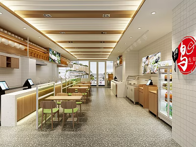 Modern Restaurant Interior Design With Wooden Ceiling White Counter Green Chairs And Display Cabinets 3d model