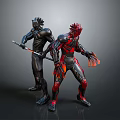 Black and Red Armored Characters and Creatures With Weapon and Clawed Hands Standing Together