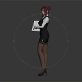 Red Haired Female Character Wearing White Shirt Black Vest Holding Folder on Gray Background