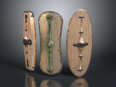Three Ancient Shields Display With Wooden Frames And Decorative Metal Ornaments 3d model