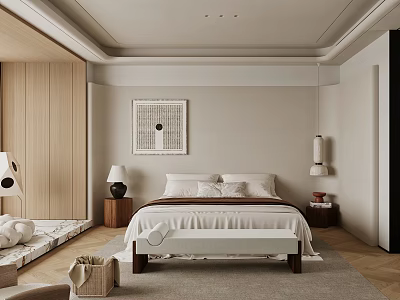 Modern Minimalist Bedroom Interior With Bedside Tables Decorative Art And Area Rug 3d model
