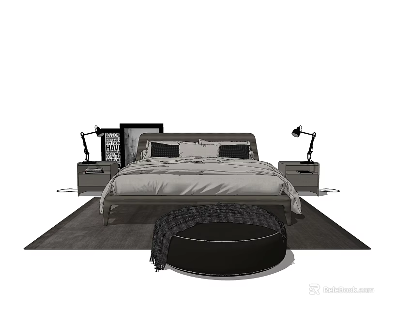 Modern Double Bed Bedroom Setup With Nightstands Table Lamps And Round Ottoman 3d model