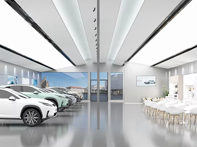 4S Car Dealership Spacious Showroom With Parked Cars Bright Lighting And Lounge Area 3d model