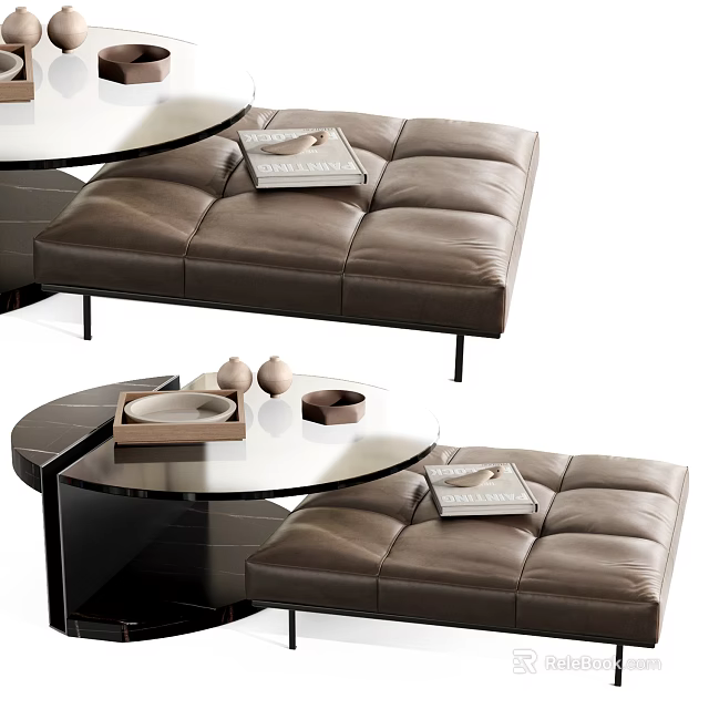 Modern Coffee Table With Glass Top And Leather Ottoman Featuring Magazines And Decorative Items 3d model 