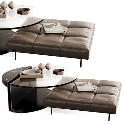 Modern Coffee Table With Glass Top And Leather Ottoman Featuring Magazines And Decorative Items 3d model