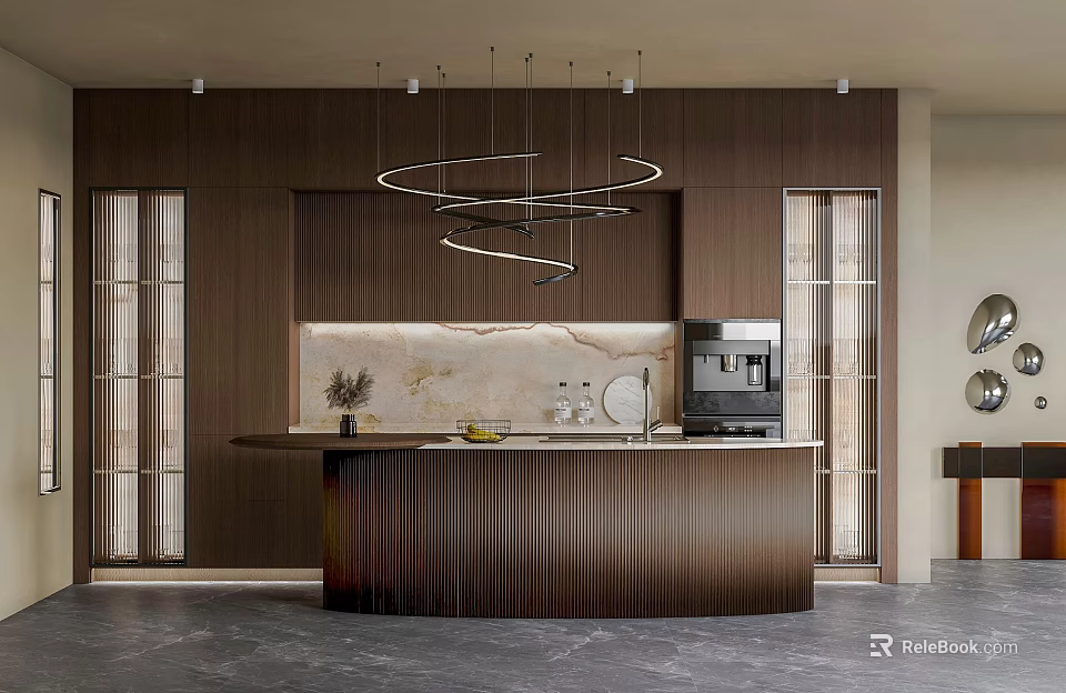 Modern Kitchen Interior Design With Wooden Cabinets Marble Backsplash Island Counter And Hanging Lights 3d model 