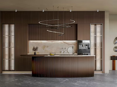 Modern Kitchen Interior Design With Wooden Cabinets Marble Backsplash Island Counter And Hanging Lights 3d model