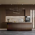 Modern Kitchen Interior Design With Wooden Cabinets Marble Backsplash Island Counter And Hanging Lights
