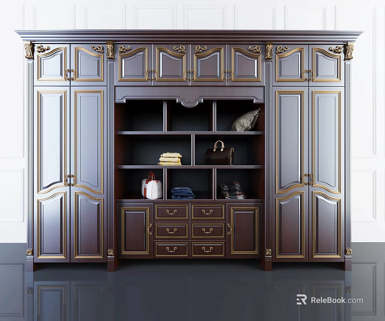 Dark Wood Wardrobe with Gold Accents Classical Design Open Shelves and Drawers 3d model 