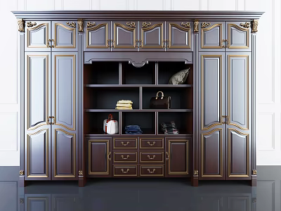 Dark Wood Wardrobe with Gold Accents Classical Design Open Shelves and Drawers 3d model