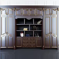 Dark Wood Wardrobe with Gold Accents Classical Design Open Shelves and Drawers