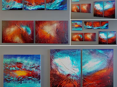Modern Abstract Oil Paintings With Red Blue Orange Tones Triptych And Diptych Wall Art 3d model