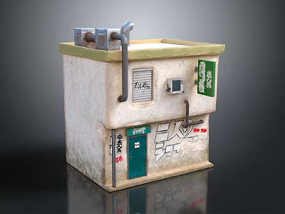 Cartoon Scene of Small Aged Building Exterior With Green Door Sign Graffiti and Pipes 3d model