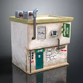 Cartoon Scene of Small Aged Building Exterior With Green Door Sign Graffiti and Pipes
