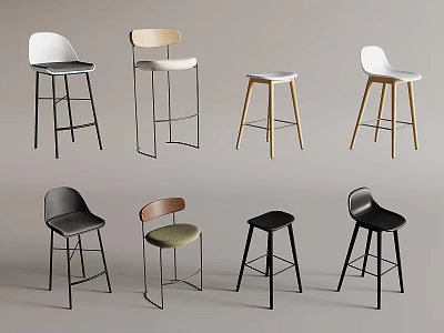 Various Modern Bar Stools With Different Colors And Wooden Metal Frames 3d model