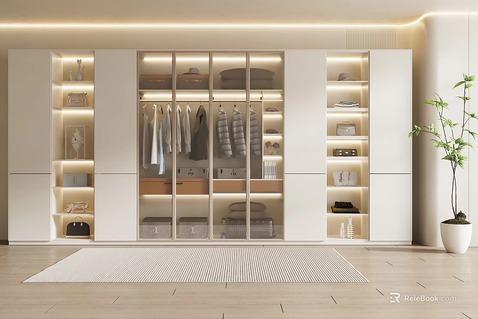 Modern White Wardrobe Interior With Glass Doors Hanging Clothes Shelves And Drawers 3d model 