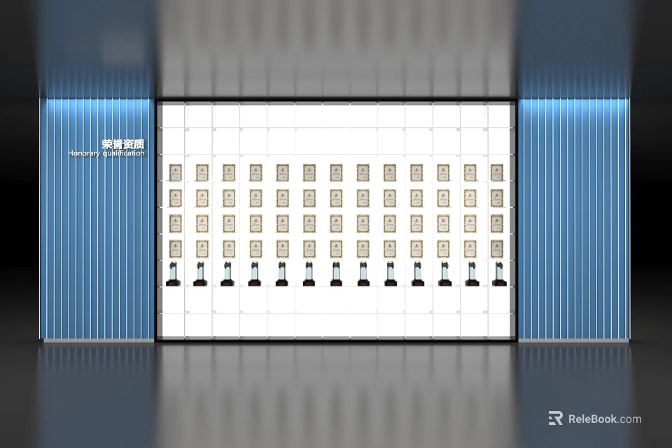 Modern Display Wall With Blue Striped Walls White Panel Small Squares And Black Devices Below 3d model 
