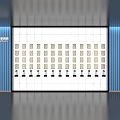Modern Display Wall With Blue Striped Walls White Panel Small Squares And Black Devices Below