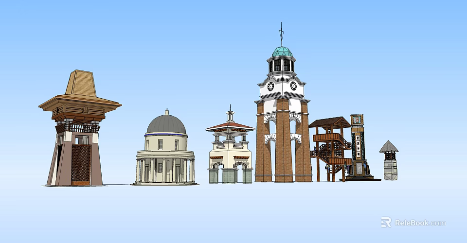 Various Architectural Towers With Different Styles Clock Dome And Brick Designs 3d model 