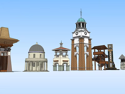 Various Architectural Towers With Different Styles Clock Dome And Brick Designs 3d model