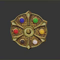 Golden Circular Magic Weapon Featuring Six Colored Gems Blue Green Red Yellow Black White