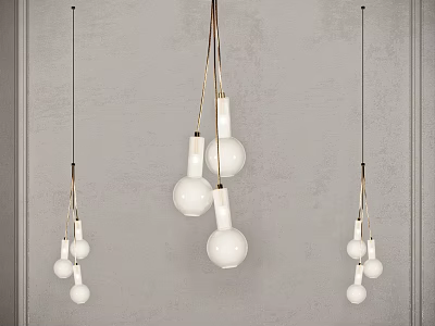 Stylish Pendant Lights with White Bulbs and Gold Hanging Wires Against Gray Wall Background 3d model