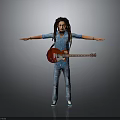 Woman With Dreadlocks In Blue Denim Shirt Jeans Holding Red Guitar Arms Outstretched Gray Background