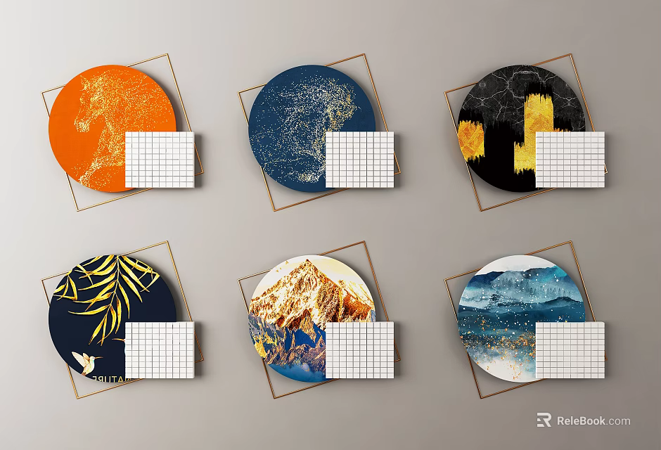 Modern Circular Wall Decor with Diverse Colorful Patterns and Grid Accents 3d model