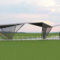 Modern Pergola with Geometric Roof Design Metal Frame and Stone Slab Floor