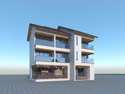 Modern Three Story Bed and Breakfast Building With White Exterior Balconies and Large Windows 3d model
