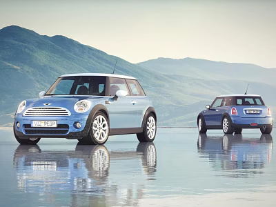 Two Blue Mini Cars Parked On Wet Ground With Mountain Sky Reflections 3d model Two Blue Mini Cars Parked On Wet Ground With Mountain Sky Reflections 3d model