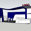 Modern Exhibition Booth Design With Logo Sign Reception Counter And Chairs