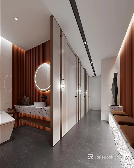 Public Restroom Modern Interior With Wooden Panels Round Mirrors Washbasins Cubicles And Gray Flooring Lighting 3d model 