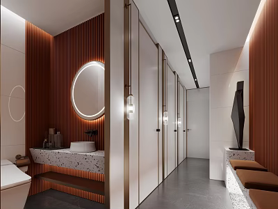 Public Restroom Modern Interior With Wooden Panels Round Mirrors Washbasins Cubicles And Gray Flooring Lighting 3d model