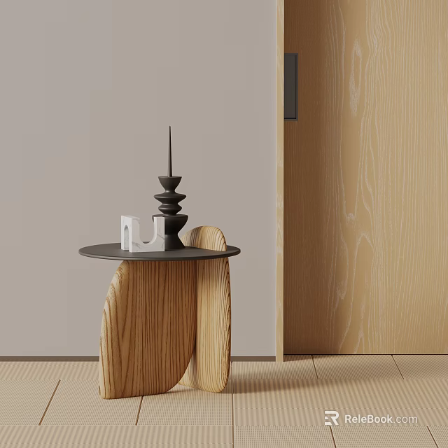 Modern Wooden Side Table With Unique Curved Base And Decorative Ornaments 3d model 