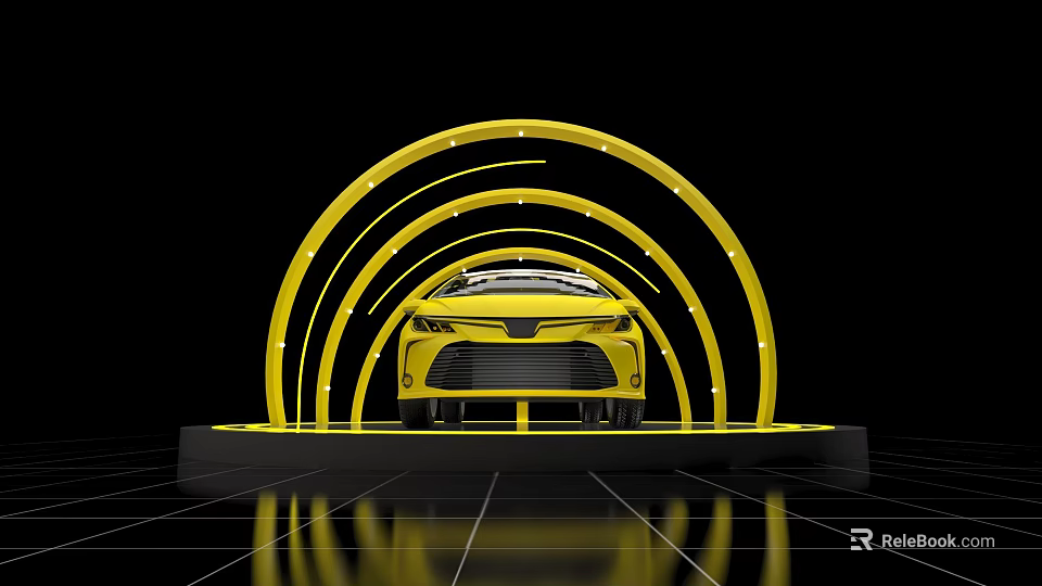 Yellow Car Showcased With Circular Yellow Arches And LED Lights On Reflective Floor 3d model 