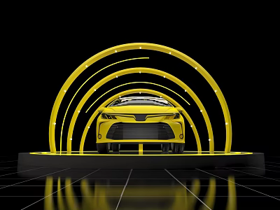 Yellow Car Showcased With Circular Yellow Arches And LED Lights On Reflective Floor 3d model