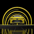 Yellow Car Showcased With Circular Yellow Arches And LED Lights On Reflective Floor