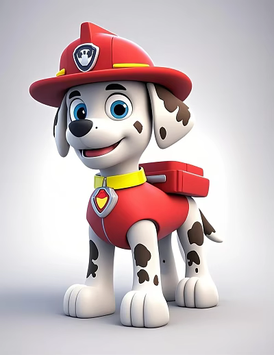 Spotted Cartoon Dog Wearing Red Firefighter Hat Yellow Collar And Backpack 3d model